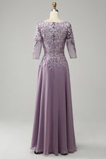 Lavender V Neck 3/4 Sleeves Appliques Chiffon Long Mother of the Bride Dress