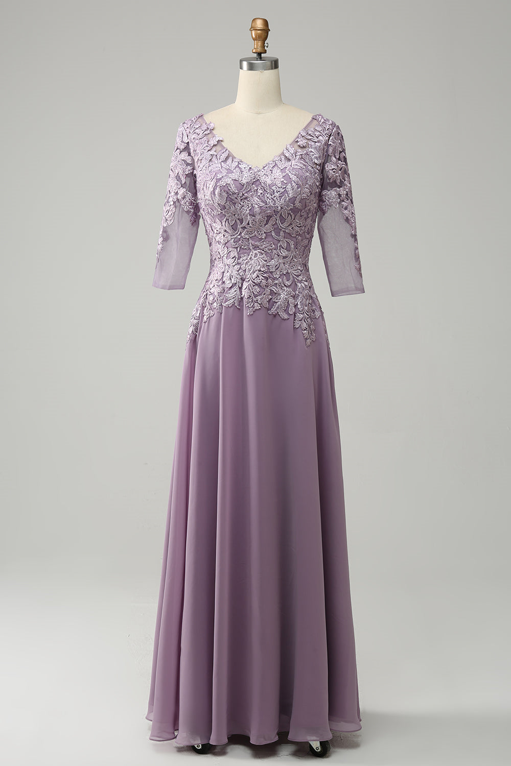 Lavender V Neck 3/4 Sleeves Appliques Chiffon Long Mother of the Bride Dress