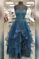 Dark Blue Straps Appliques Multi-Layers Tulle Long Prom Dress