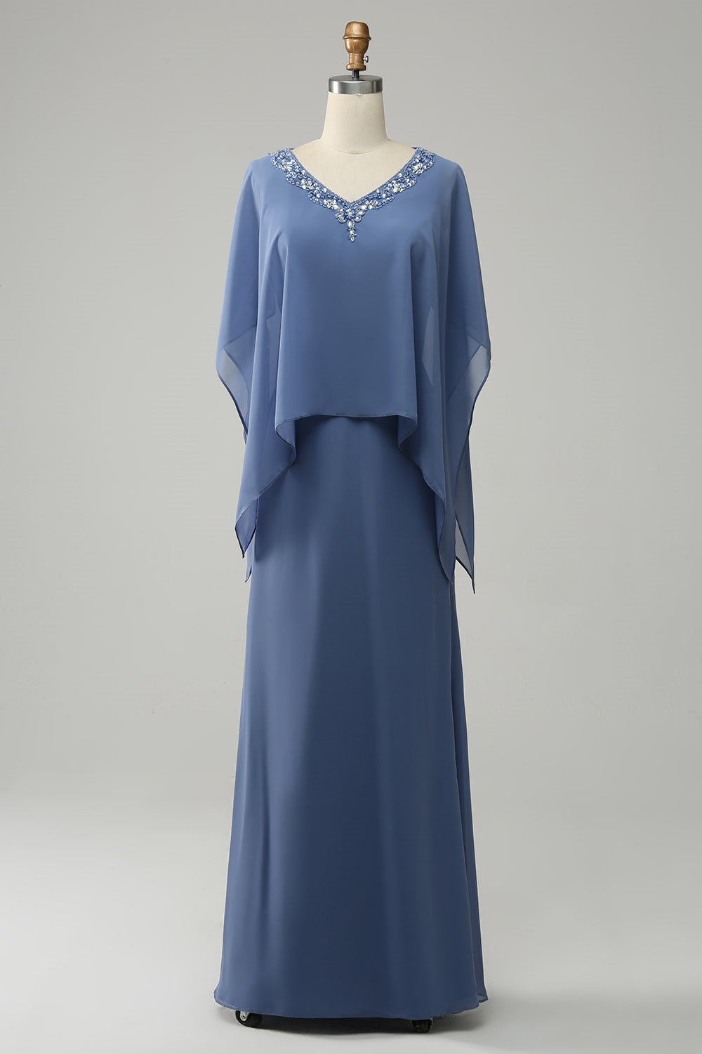 Blue Draped Sleeves Beaded Chiffon Long Mother of the Bride Dress