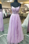 Lilac Appliques Crossed Straps Tulle Long Prom Dress