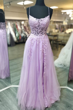 Lilac Appliques Crossed Straps Tulle Long Prom Dress