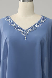 Blue Draped Sleeves Beaded Chiffon Long Mother of the Bride Dress