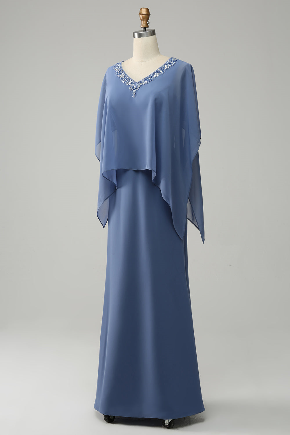 Blue Draped Sleeves Beaded Chiffon Long Mother of the Bride Dress