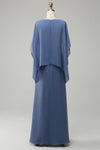 Blue Draped Sleeves Beaded Chiffon Long Mother of the Bride Dress