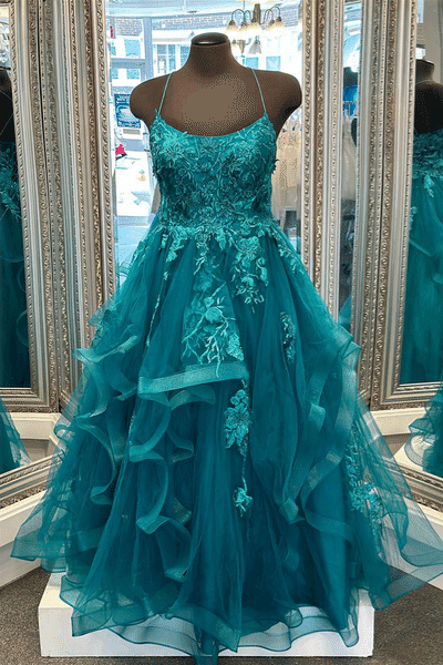 Teal Scoop Neck Straps Appliques Tiered Tulle Long Prom Dress