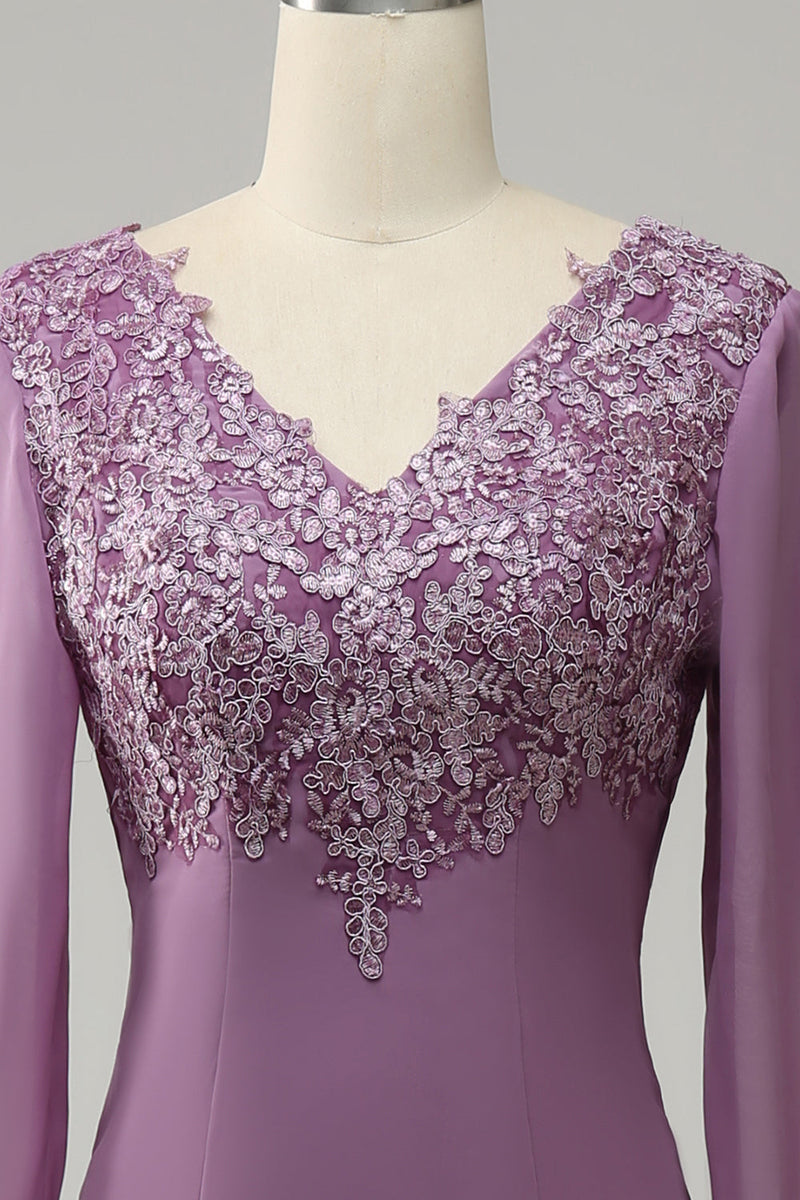 Lilac Appliques Mermaid Long Sleeves Long Mother of the Bride Dress