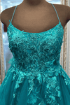 Teal Scoop Neck Straps Appliques Tiered Tulle Long Prom Dress