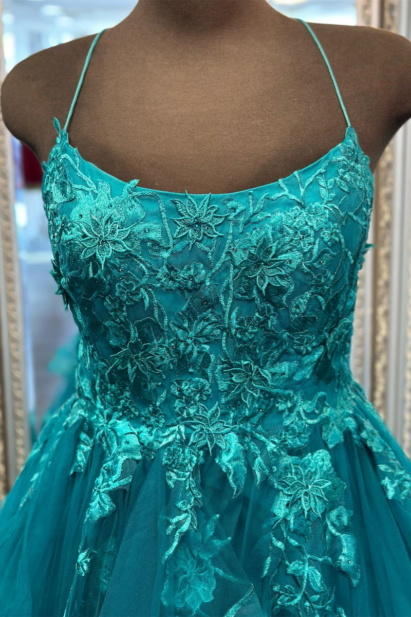 Hunter Green Scoop Neck Straps Appliques Tulle Long Prom Dress