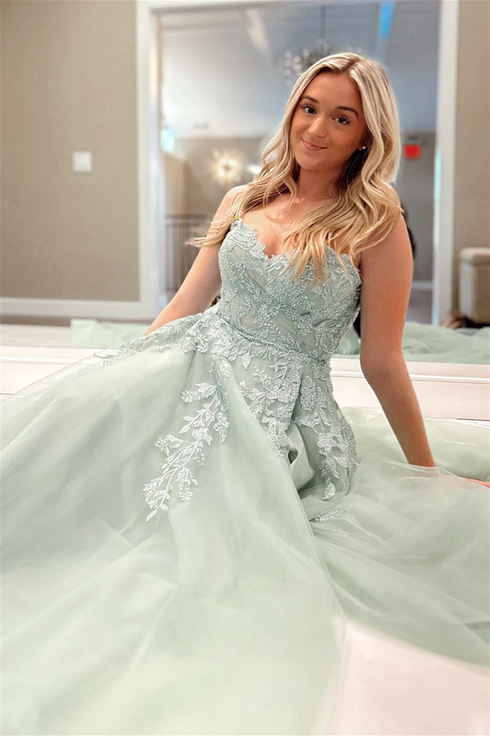 Dusty Sage Lace-Up Strapless Appliques Tulle Long Prom Dress with Slit FancyVestido Dusty Sage Lace-Up Strapless Appliques Tulle Long Prom Dress with Slit FancyVestido
