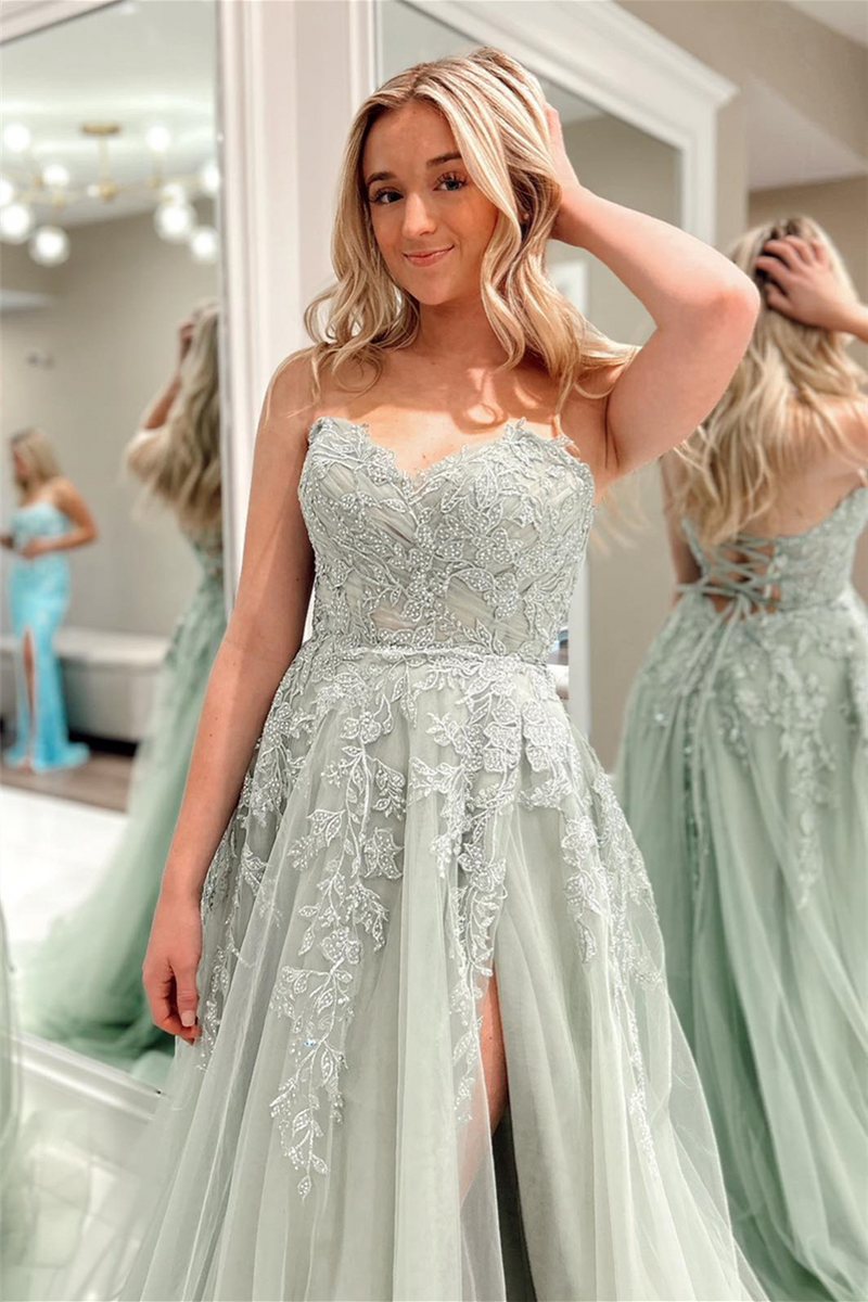 Dusty Sage Lace-Up Strapless Appliques Tulle Long Prom Dress with Slit