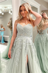 Dusty Sage Lace-Up Strapless Appliques Tulle Long Prom Dress with Slit