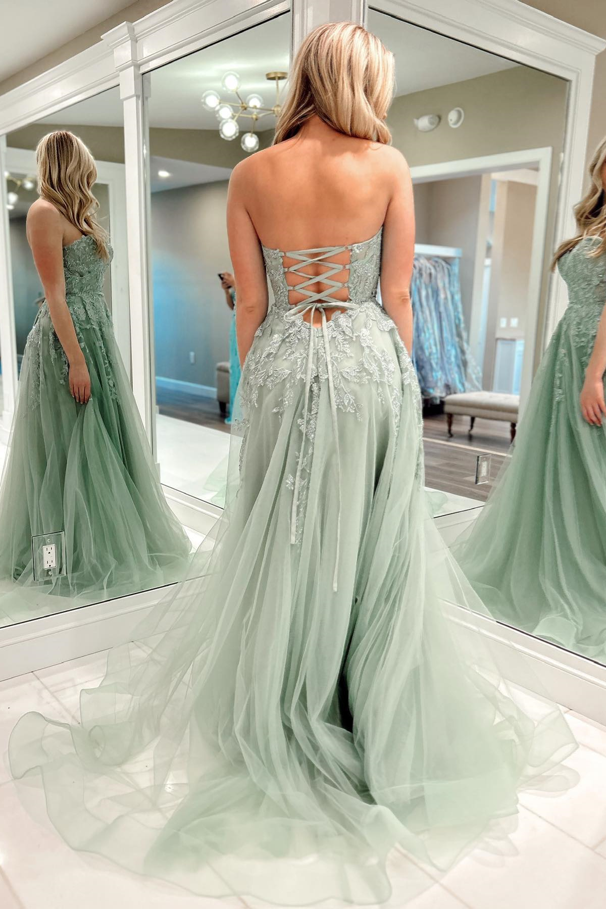 Dusty Sage Lace-Up Strapless Appliques Tulle Long Prom Dress with Slit FancyVestido Dusty Sage Lace-Up Strapless Appliques Tulle Long Prom Dress with Slit FancyVestido