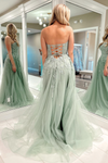 Dusty Sage Lace-Up Strapless Appliques Tulle Long Prom Dress with Slit