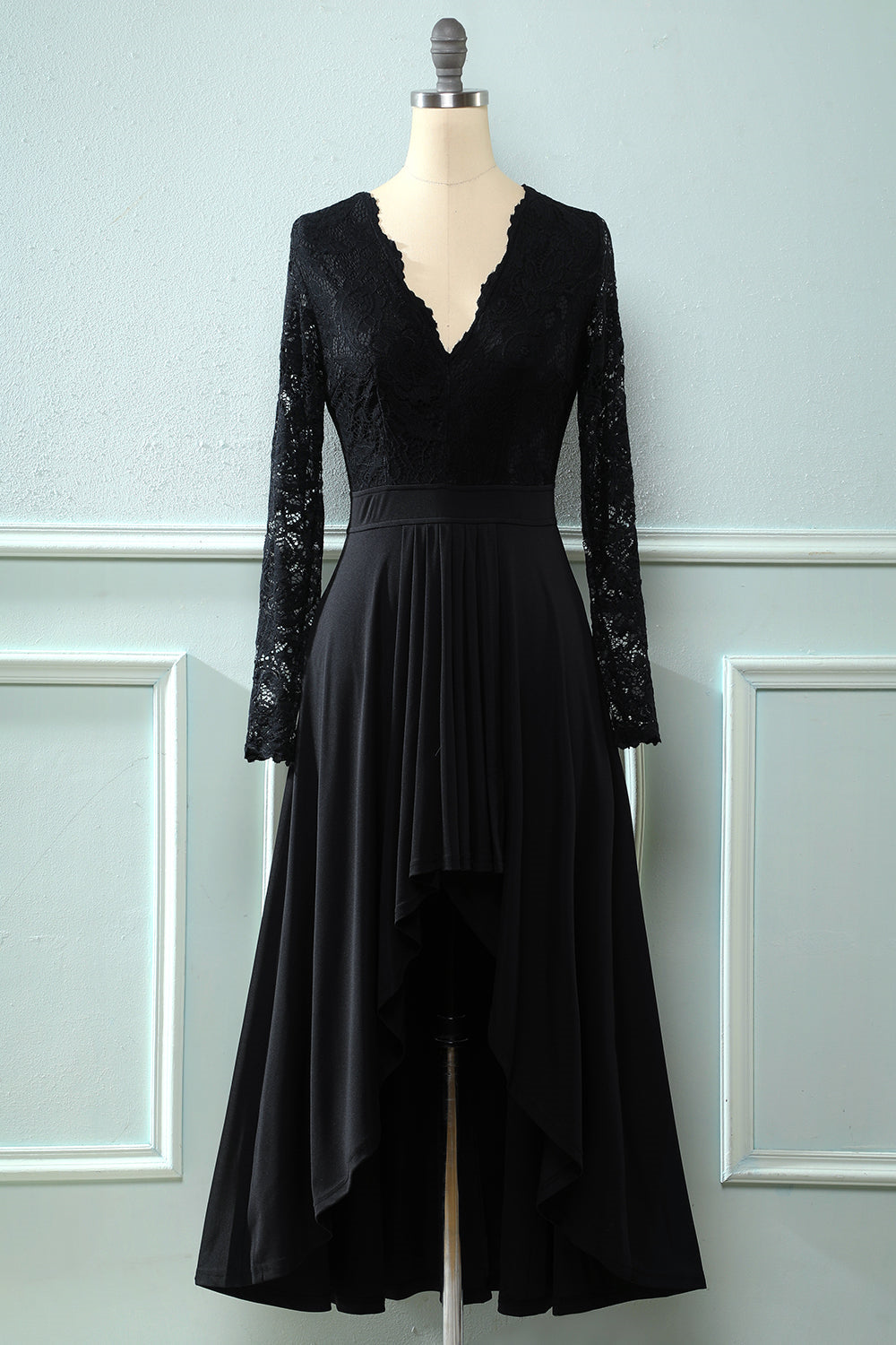 Black Lace Long Sleeves V Neck Keyhole Hi-Low Mother of the Bride Dress