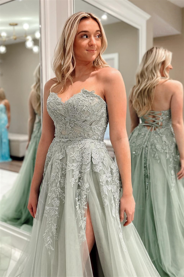 Dusty Sage Lace-Up Strapless Appliques Tulle Long Prom Dress with Slit