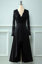 Black Lace Long Sleeves V Neck Keyhole Hi-Low Mother of the Bride Dress