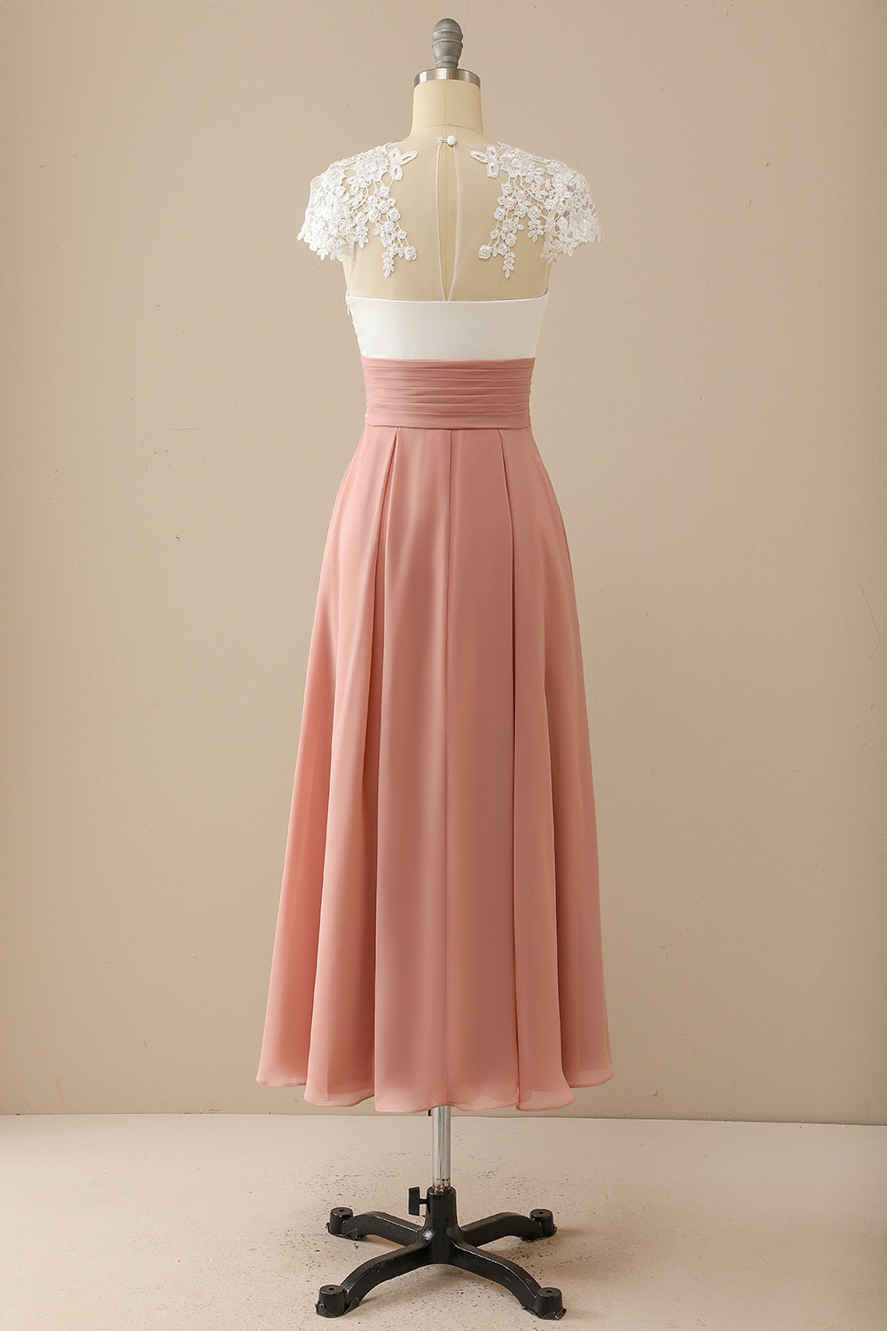 Pink Cap Sleeves Appliques Empire Tea-Length Mother of the Bride Dress