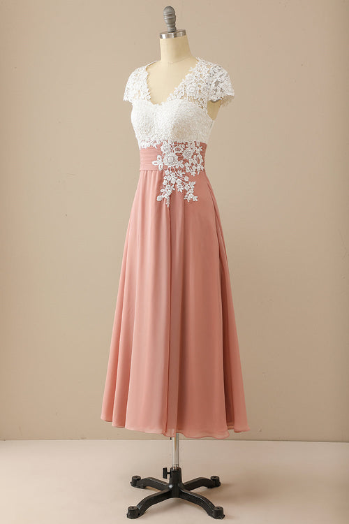 Pink Cap Sleeves Appliques Empire Tea-Length Mother of the Bride Dress