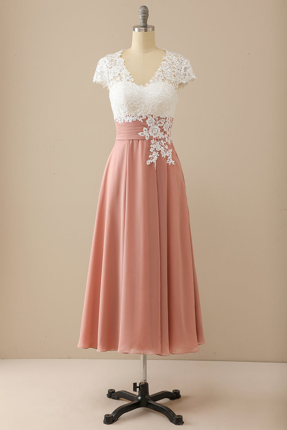 Pink Cap Sleeves Appliques Empire Tea-Length Mother of the Bride Dress