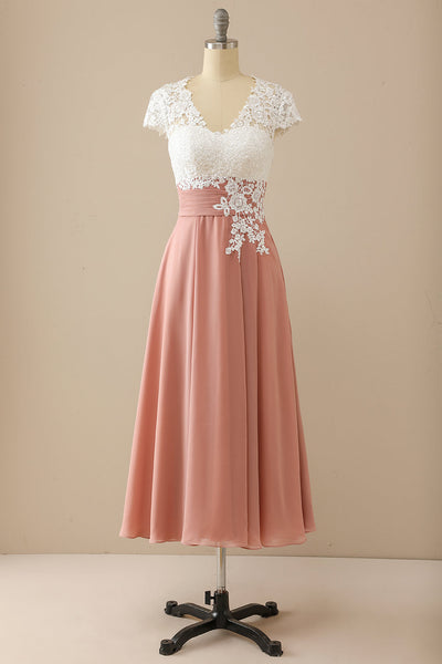 Pink Cap Sleeves Appliques Empire Tea-Length Mother of the Bride Dress