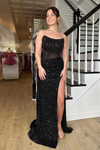 Black Strapless Mermaid Sequins Long Prom Dress with Slit
