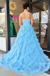 Blue Tulle Ruffled Net Streapless Long Prom Dress