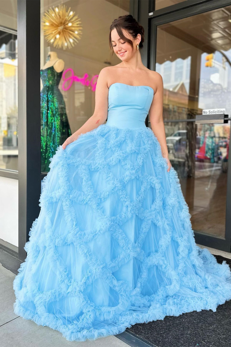 Blue Tulle Ruffled Net Streapless Long Prom Dress