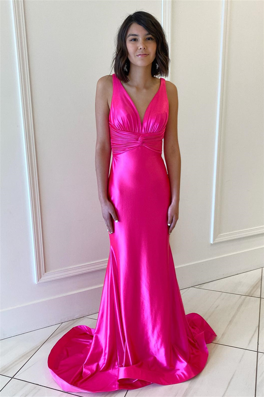 Fuchsia Mermaid Plunging V Neck Satin Straps Long Prom Dress