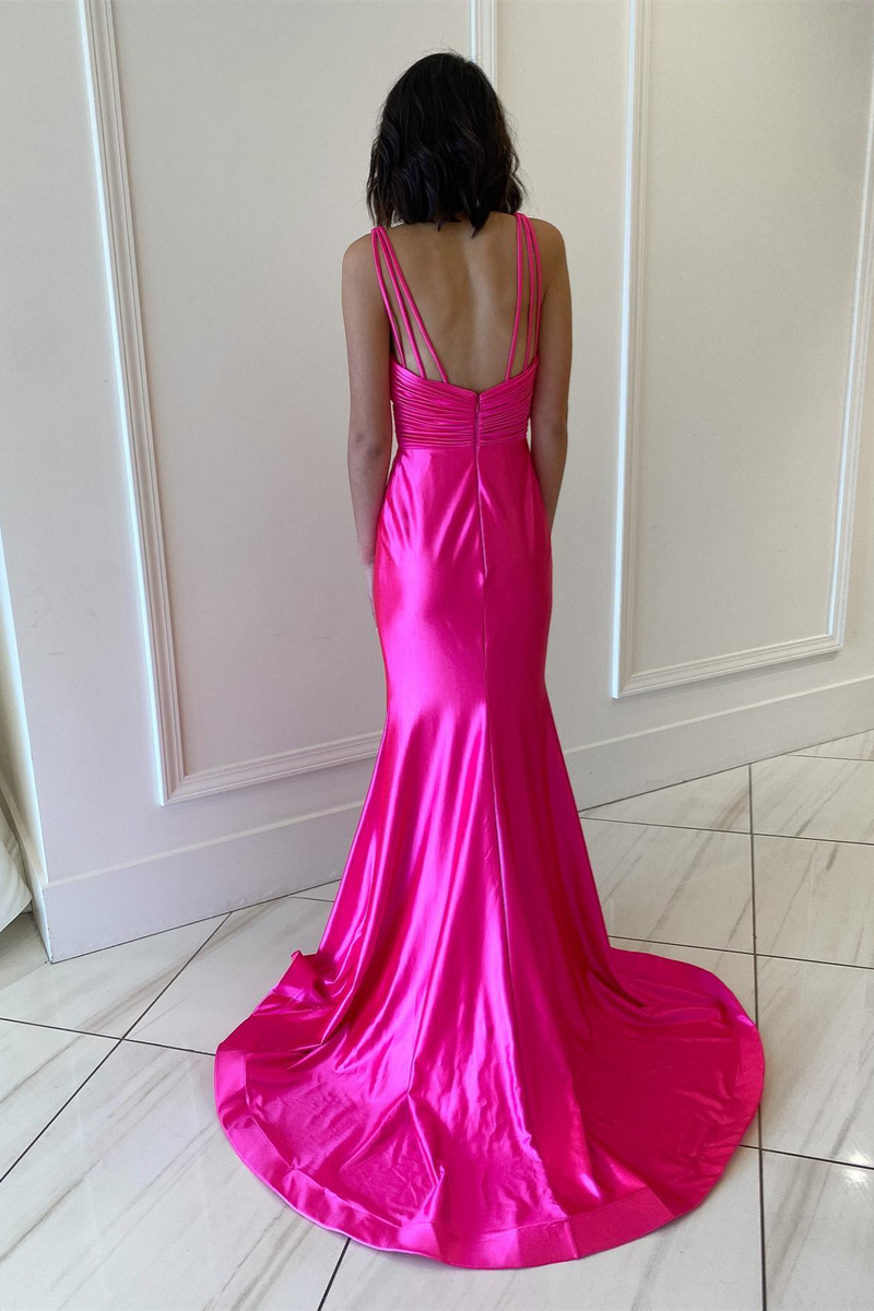 Fuchsia Mermaid Plunging V Neck Satin Straps Long Prom Dress