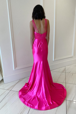 Fuchsia Mermaid Plunging V Neck Satin Straps Long Prom Dress