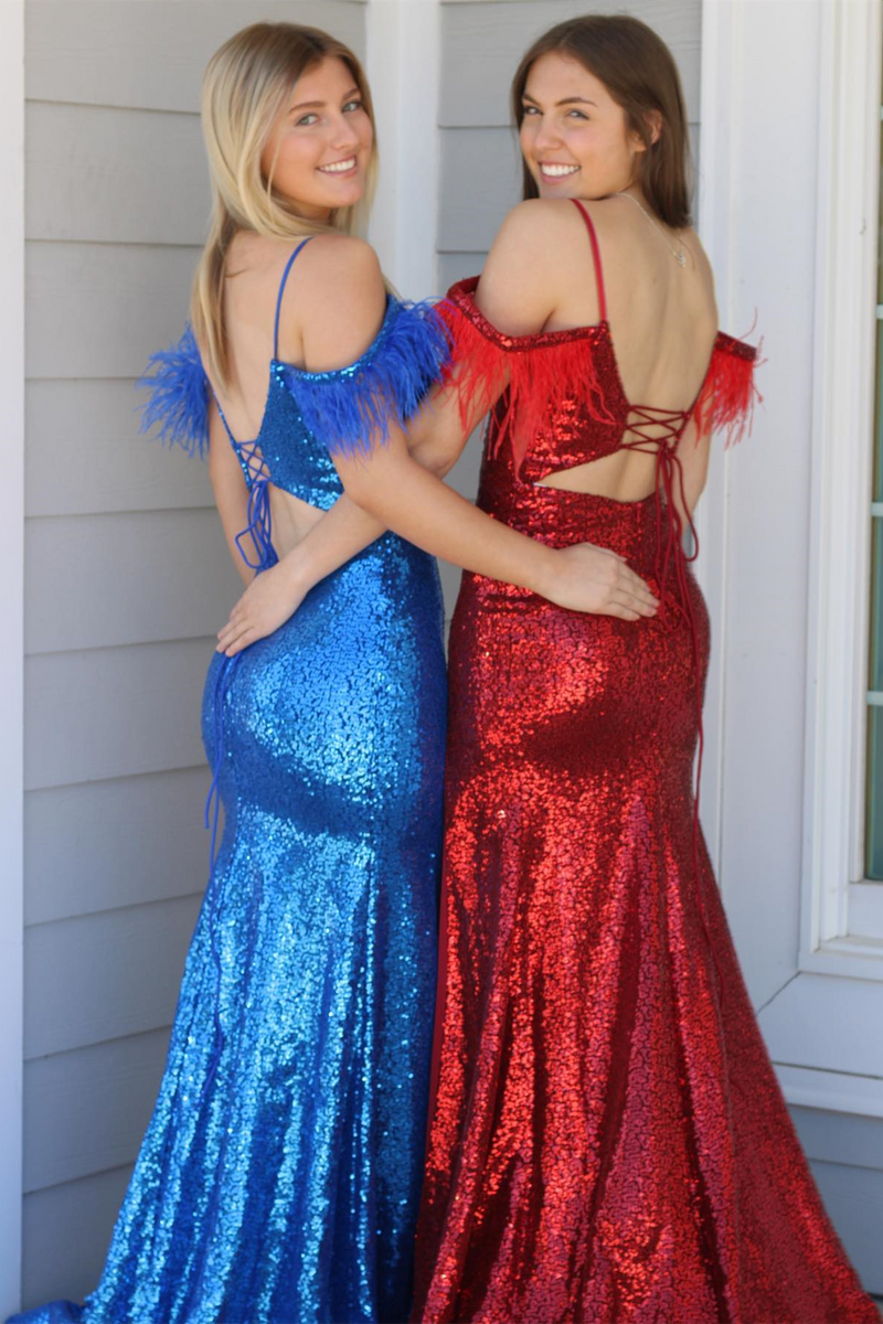 Red Sequins Cold Shoulder Feathers Long Prom Dress with Slit