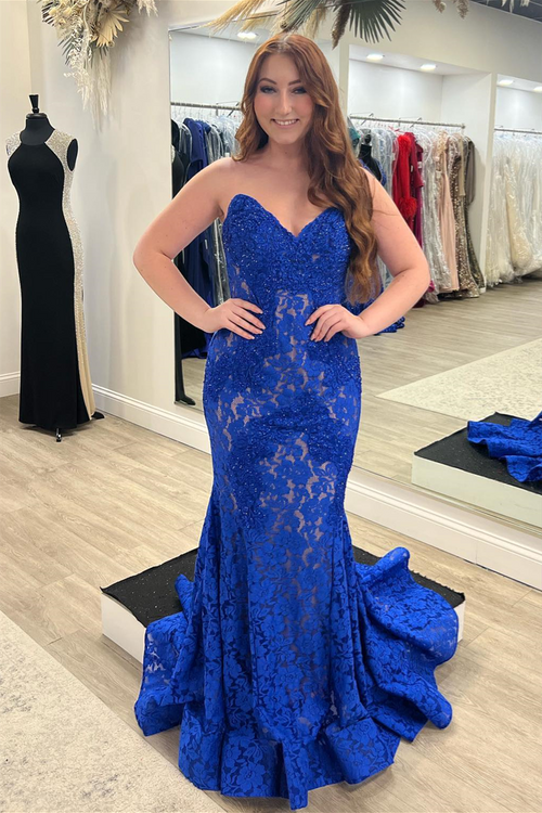 Royal Blue Lace Strapless Beaded Mermaid Long Prom Dress