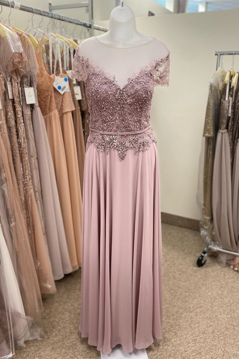 Pink Illusion Off-the-Shoulder Appliques Long Mother of the Bride Dress
