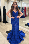 Royal Blue Lace Strapless Beaded Mermaid Long Prom Dress