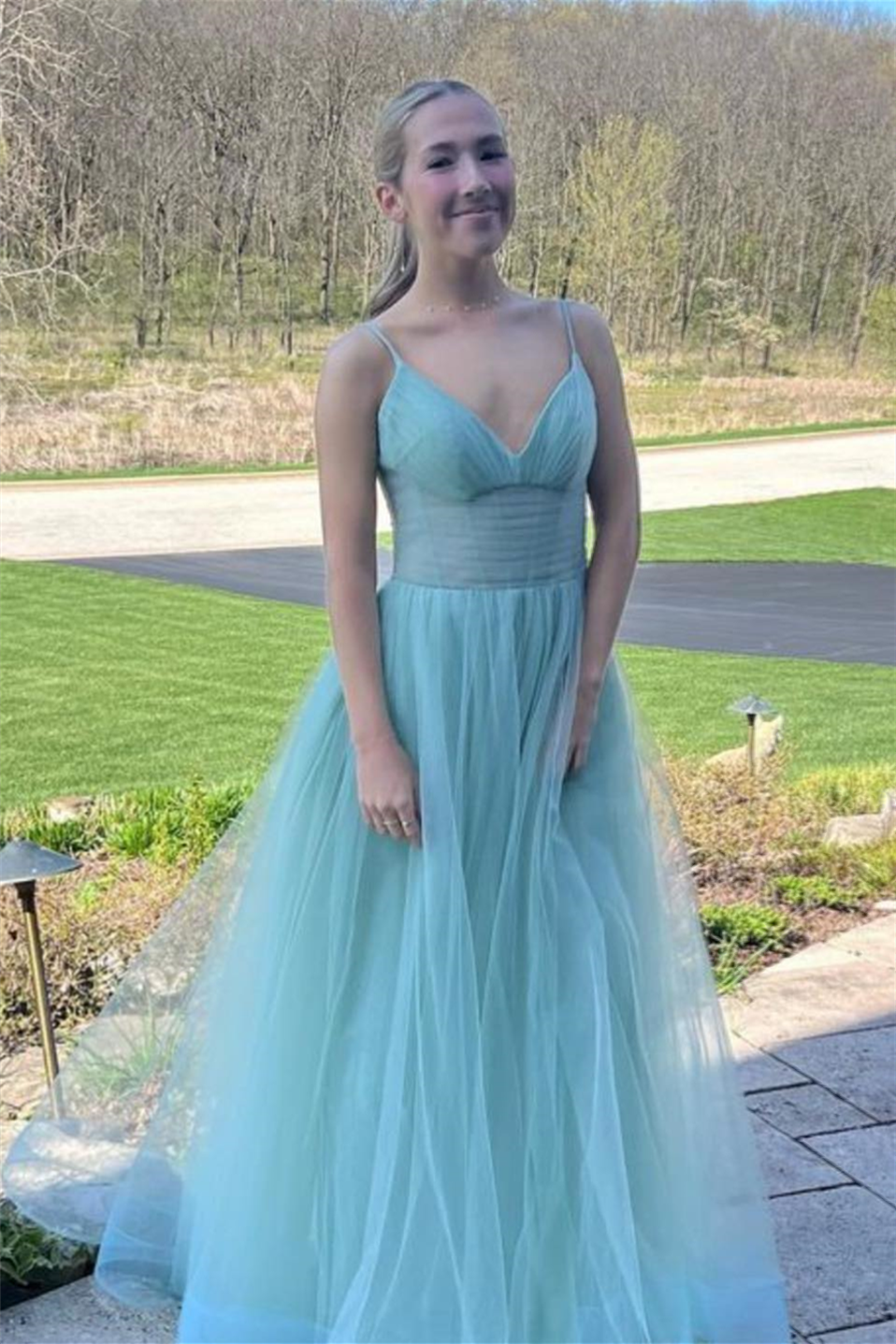 Dusty Sage Tulle Plunging V Strapes Long Prom Dress