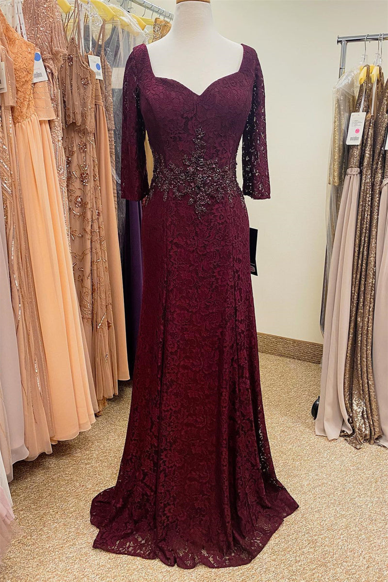 Lace Burgundy Beaded Waist Long Mother of Bride Dress with Sleeves FancyVestido Lace Burgundy Beaded Waist Long Mother of Bride Dress with Sleeves FancyVestido