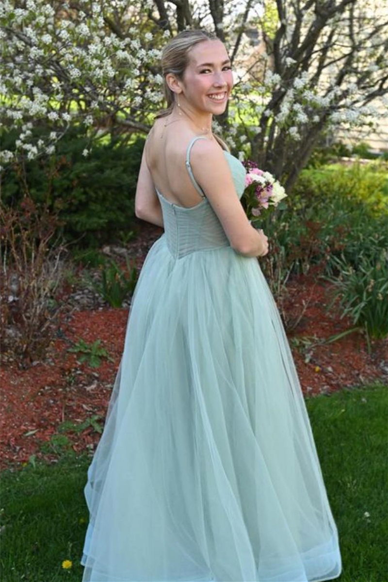 Dusty Sage Tulle Plunging V Strapes Long Prom Dress