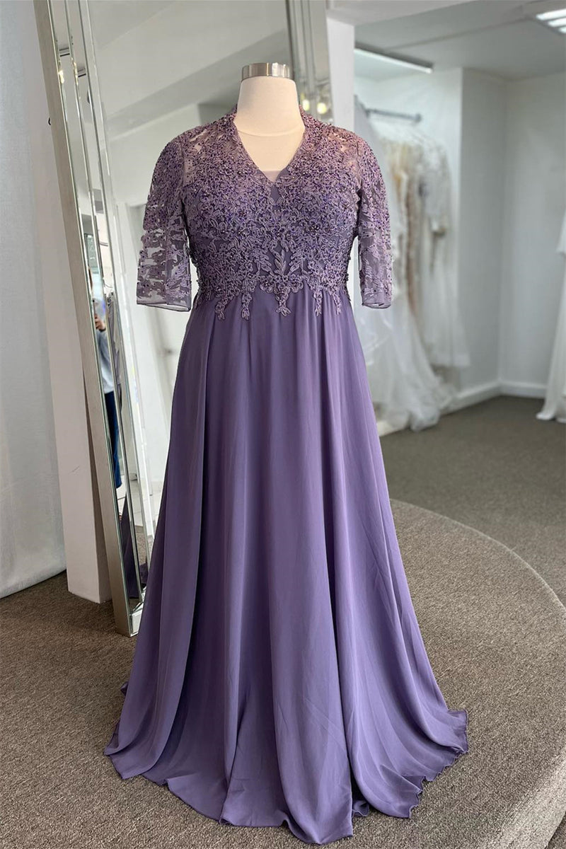 Lavender V Neck Sleeves Beaded Appliques Long Formal Dress