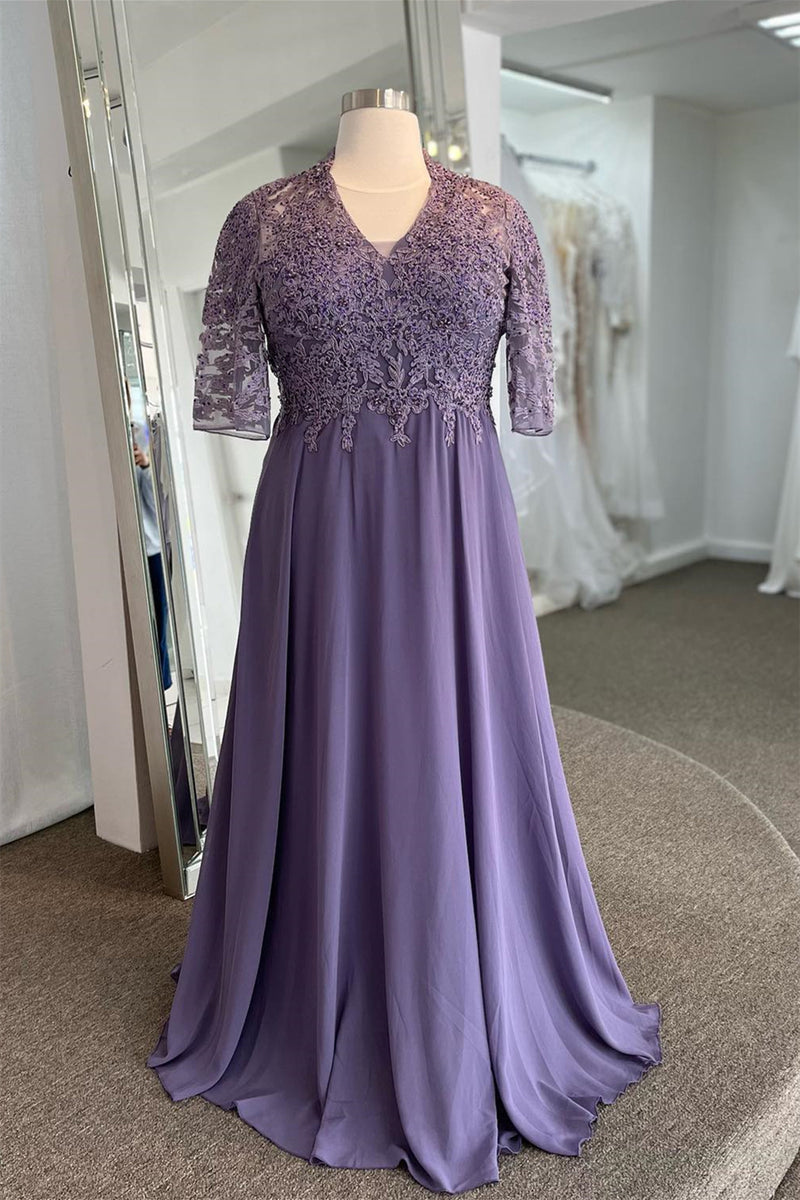 V Neck Lavender Lace Appliques Long Mother of Bride Dress with Rhinestones