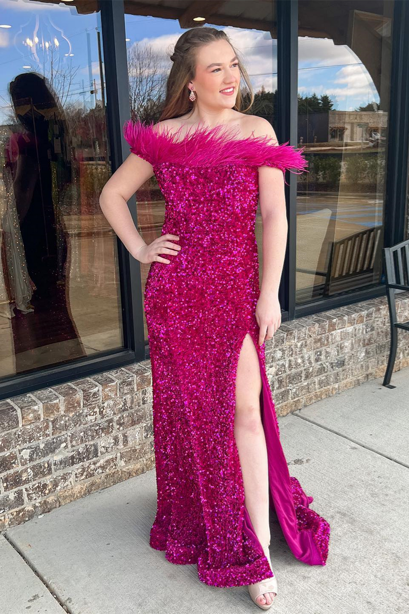 Fuchsia Off-the-Shoulder Sequins Feathers Long Prom Dress with Slit