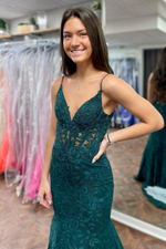 Peacock Mermaid Plunging V Straps Lace Long Prom Dress with Slit