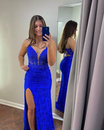Royal Blue Mermaid Plunging V Straps Lace Long Prom Dress with Slit