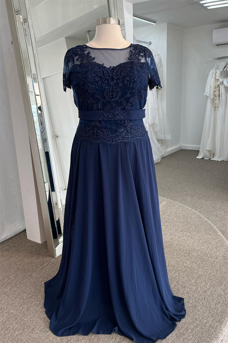 Navy Illusion Neck Short Sleeves Mother of Bride Dress with Sash FancyVestido Navy Illusion Neck Short Sleeves Mother of Bride Dress with Sash FancyVestido