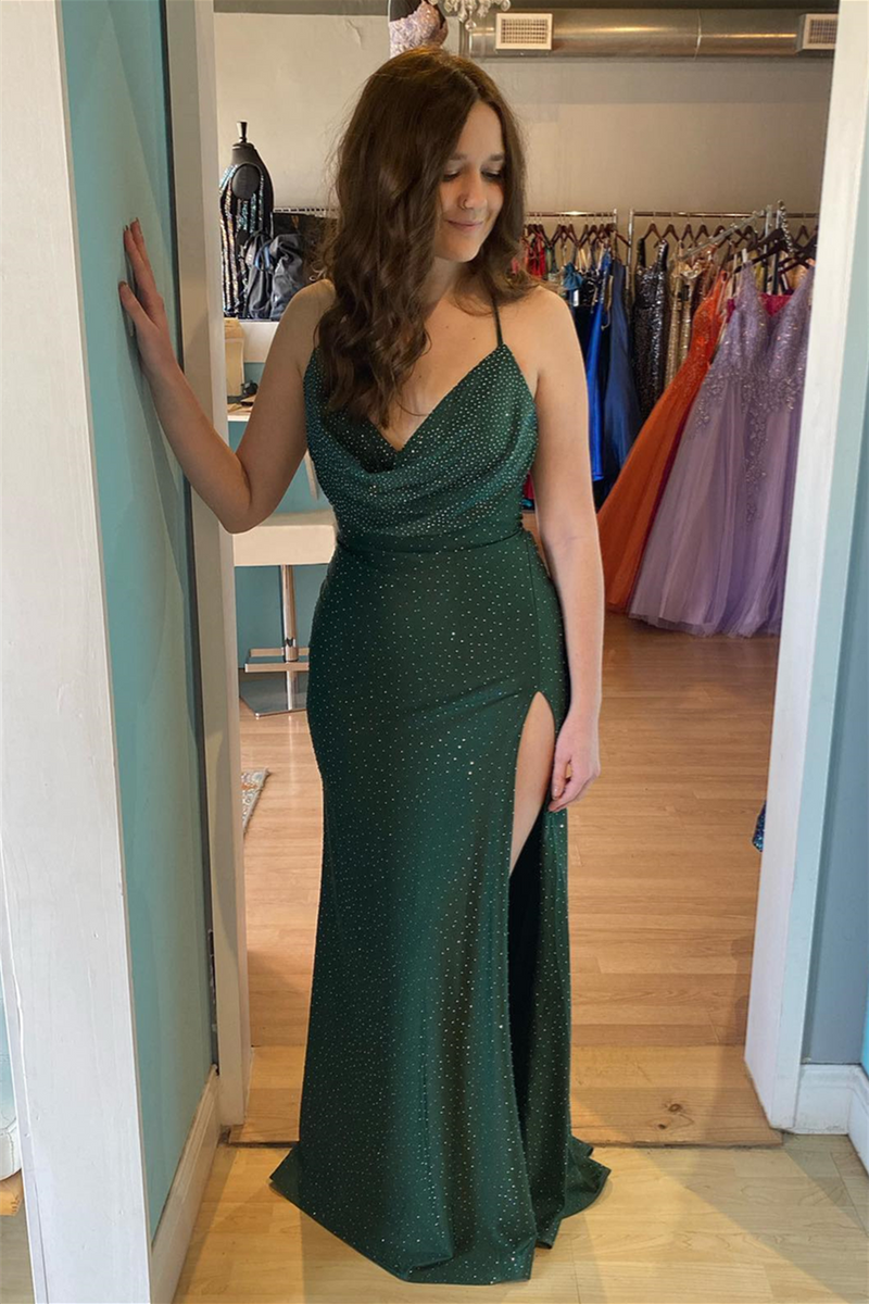 Hunter Green Beaded Satin Cowl Neck Lace-Up Long Prom Dress with Slit