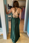 Hunter Green Beaded Satin Cowl Neck Lace-Up Long Prom Dress with Slit