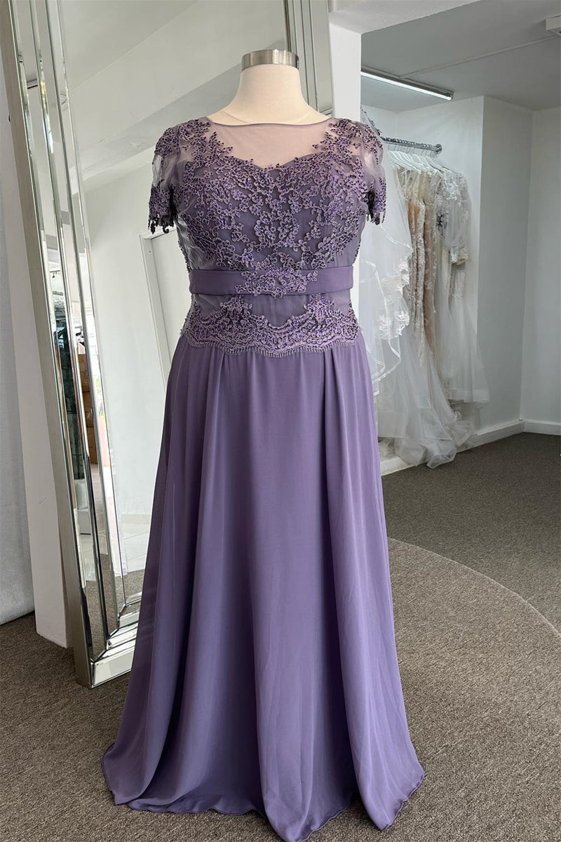 Lavender Illusion Neck Sleeves Appliques Long Formal Dress with Sash
