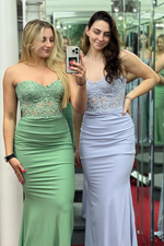 Dusty Sage & Lavender Strapless Appliques Mermaid Satin Long Prom Dress