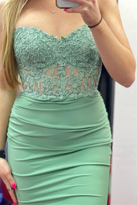 Dusty Sage Strapless Appliques Mermaid Satin Long Prom Dress