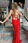 Red Plunging V Neck Lace-Up Mermaid Satin Long Prom Dress